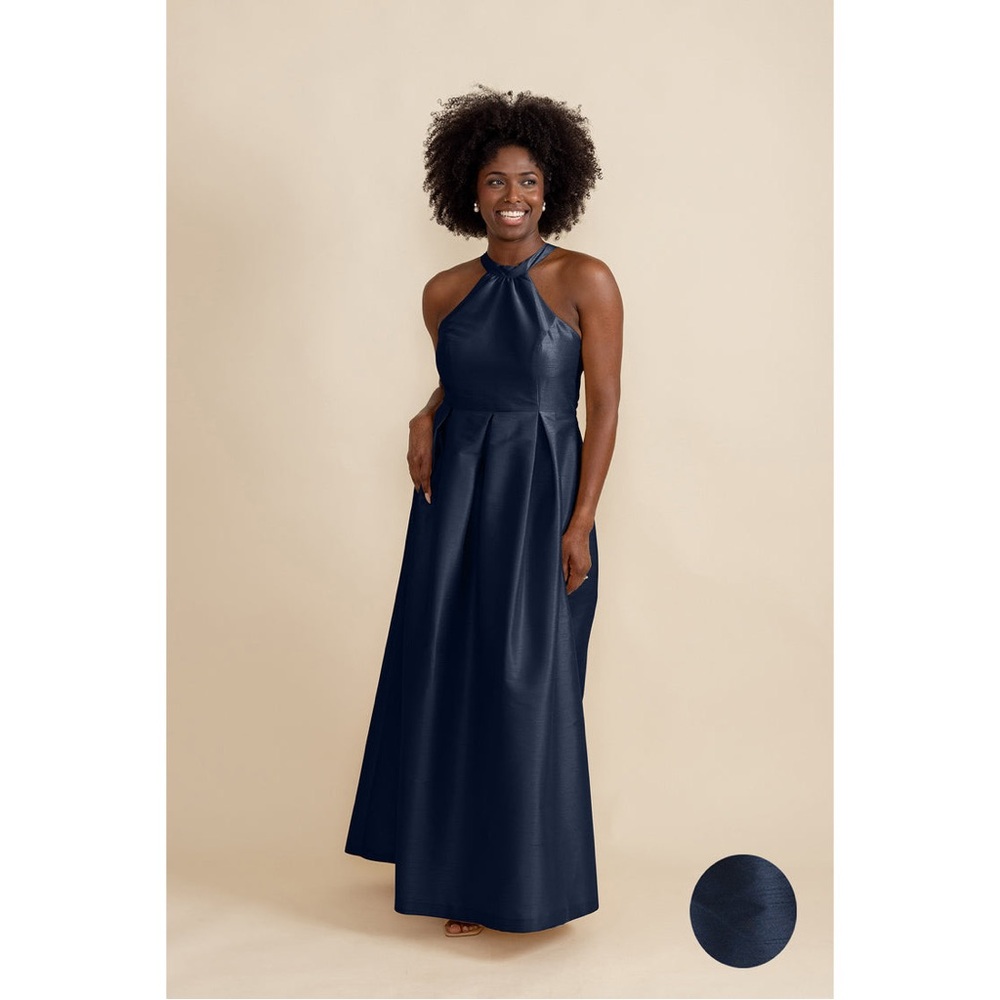 Lula Kate Abby Floor-Length Halter Bridesmaids Dress Navy Shantung 2